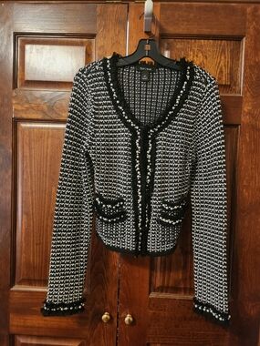 White House Black Market Black and White Pearl-Trim Tweed Cardigan